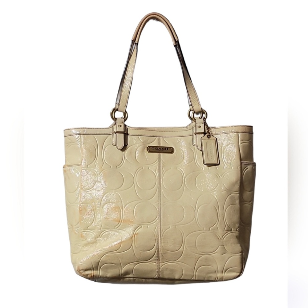 Coach Patent Leather Signature Logo Tote.